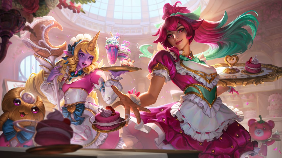 Two characters from League, Sivir and Soraka, are dressed in pink maid outfits while holding cafe trays.