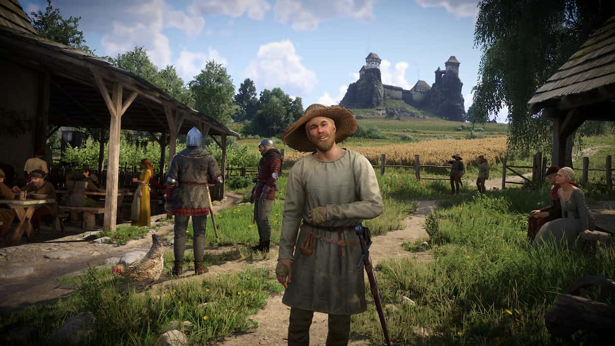A man stands in front of a field with soldiers behind him. A forest and a castle are in the background.