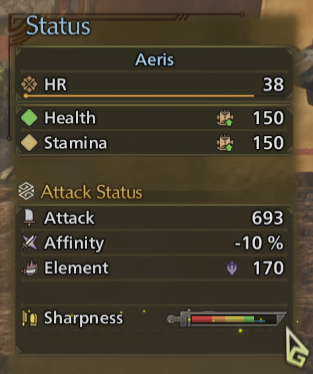 stats menu in monster hunter wild showing health, stamina, and attack status