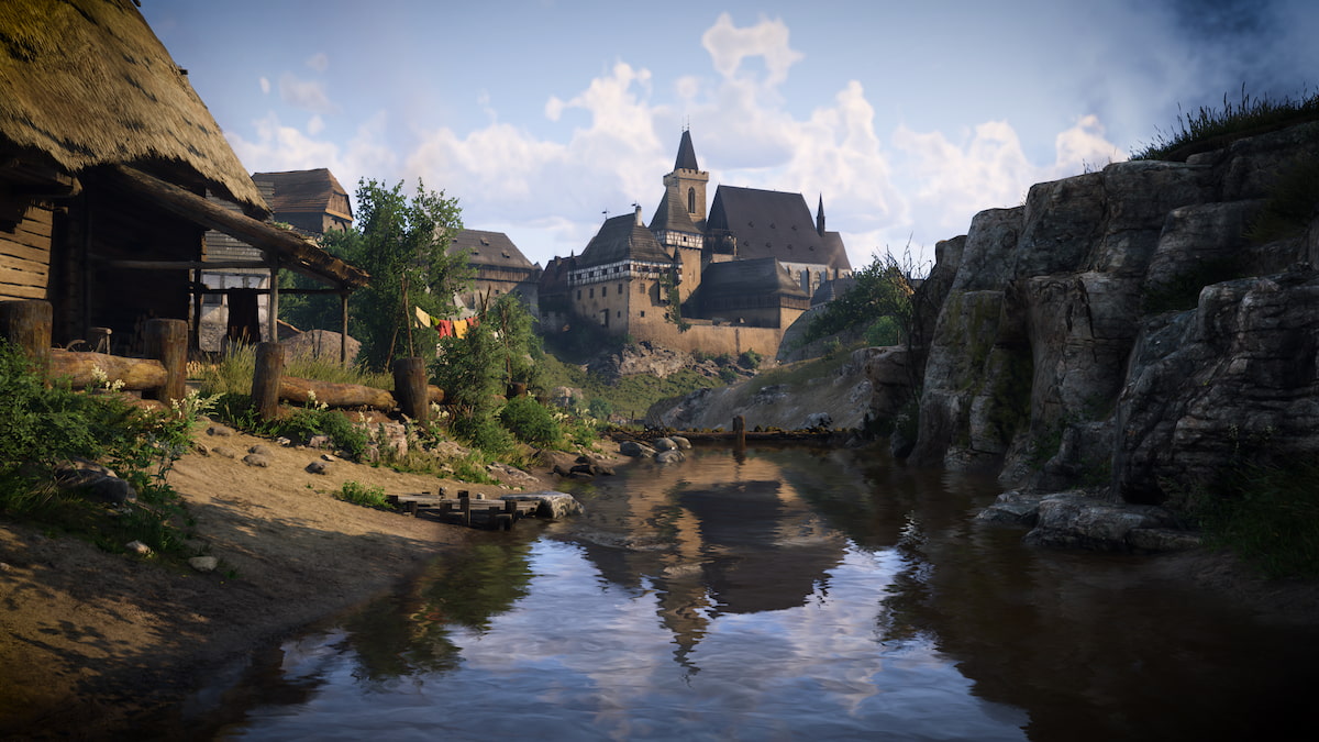 Kingdom Come Deliverance 2 screenshot of Gutenberg showing a water body with a castle in the distance.