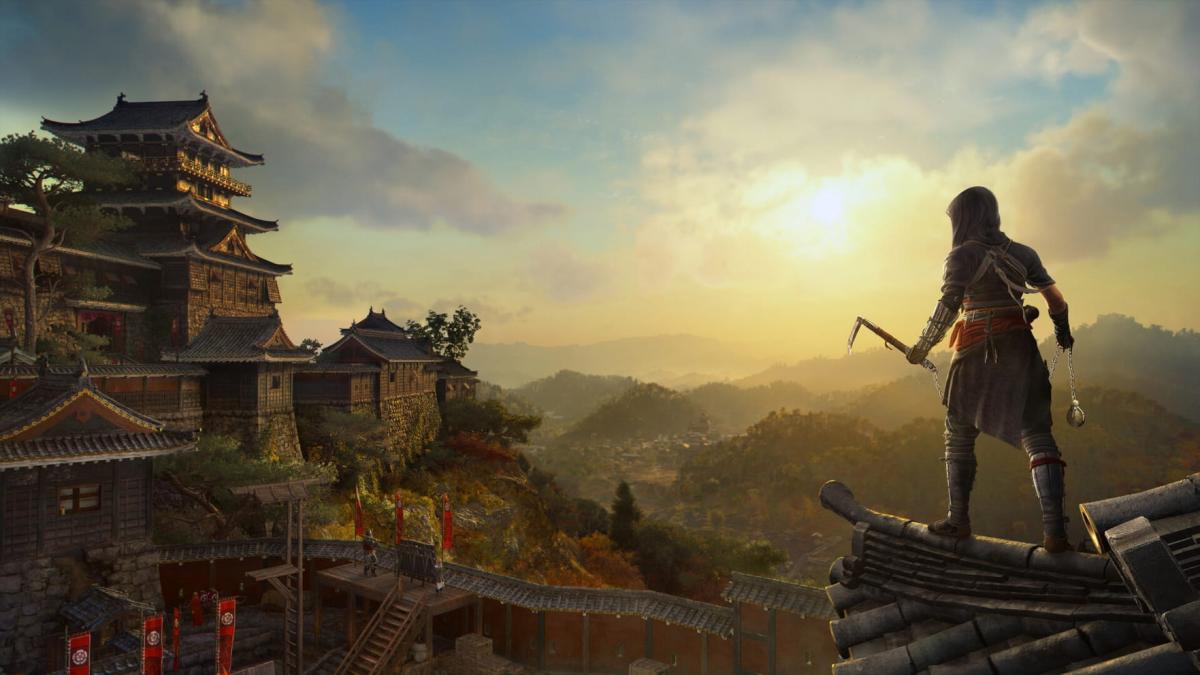 A hooded figure with a scythe and chain stands on a rooftop, looking at a Japanese castle.