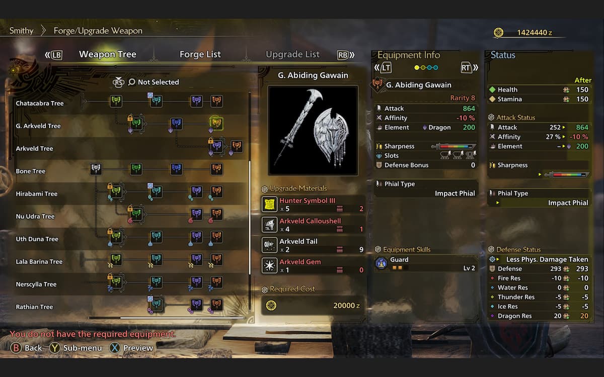 The crafting screen in Monster Hunter Wilds showcasing Weapons while highlighting the G. Abiding Gawain Charge Blade
