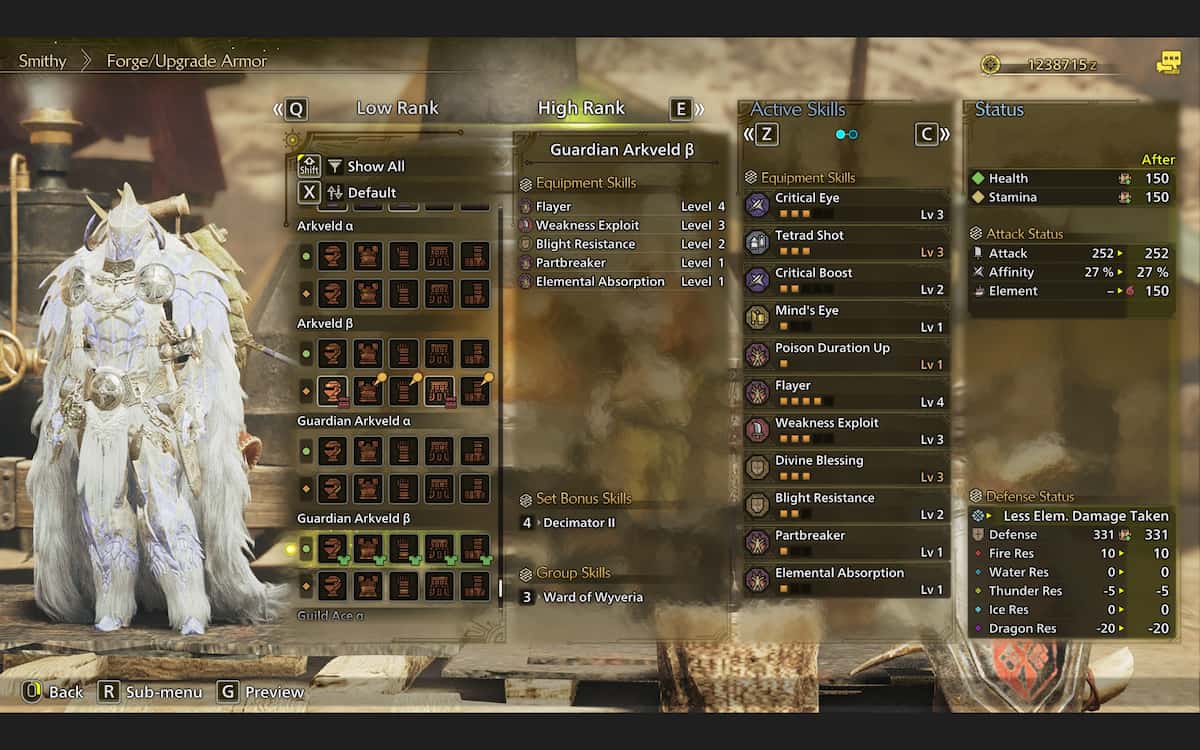 Image showing the Guardian Arkveld Beta armor and stats in Monster Hunter Wilds