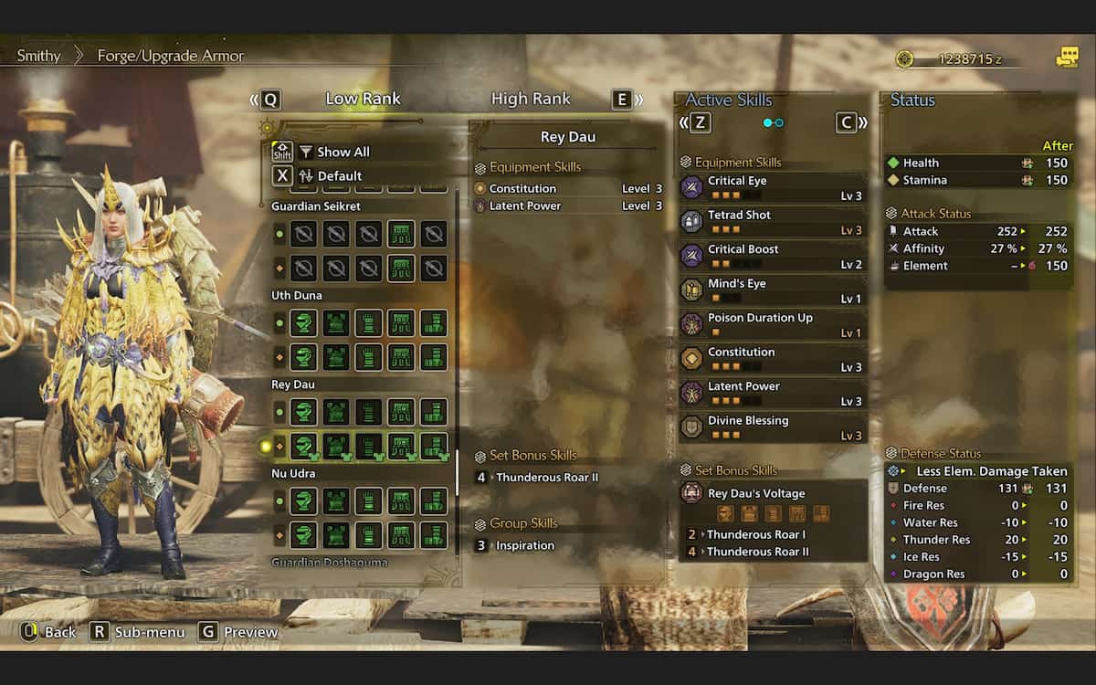 Image showing the Rey Dau armor and stats in Monster Hunter Wilds