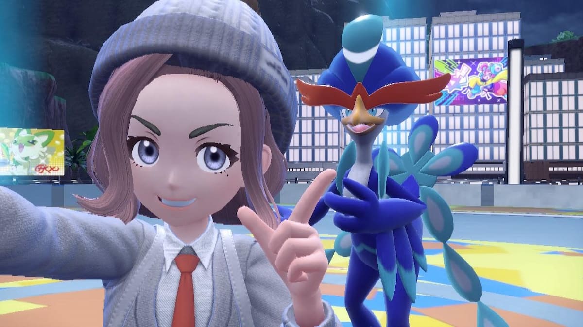 Quaquaval taking a selfie with a trainer in Pokémon Scarlet and Violet.