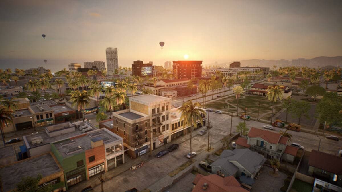 Photograph of the inZoi downtown area at sunset.