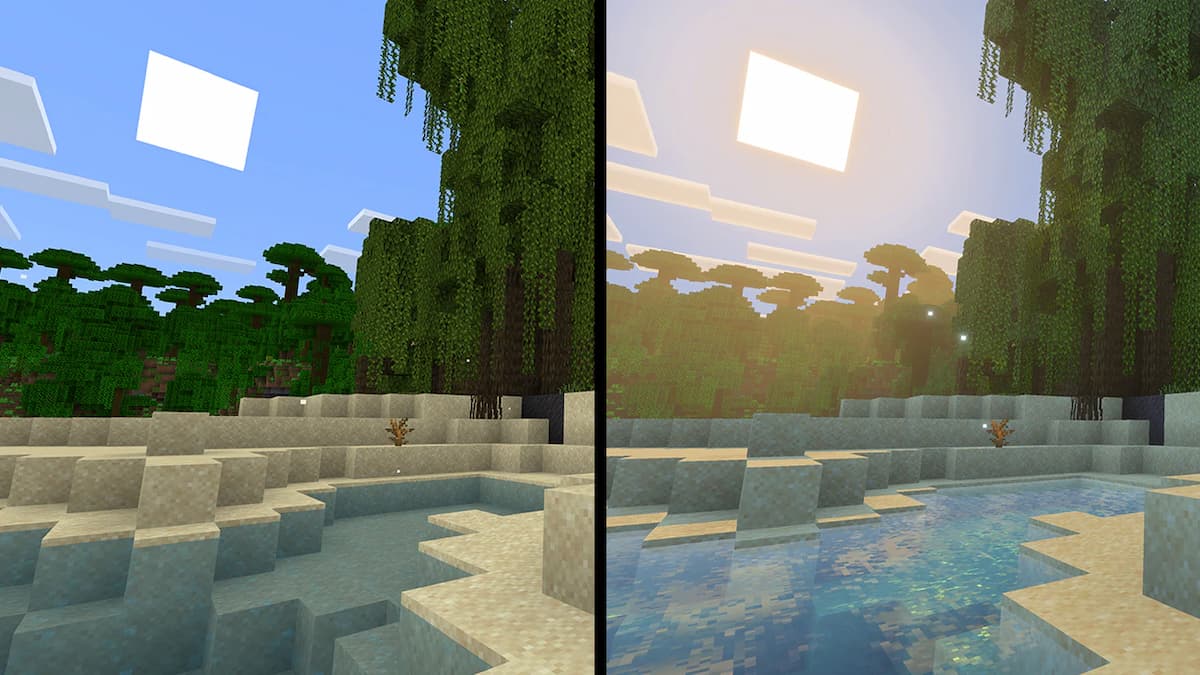 A comparison between two screenshots from Minecraft, the left with Vibrant Visuals off, and the right with the Vibrant Visuals on