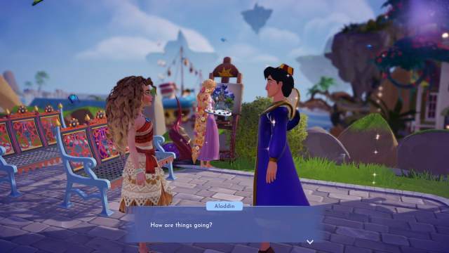 A player with brown and blonde curly hair wearing a orange and light tan island dress standing talking to Aladdin in Disney Dreamlight Valley.