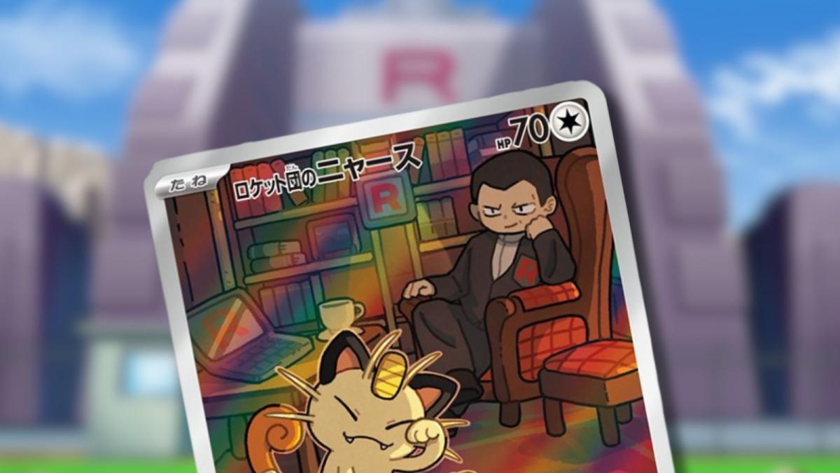 Team Rocket Meowth Pokémon card on a Team Rocket anime blurred background.