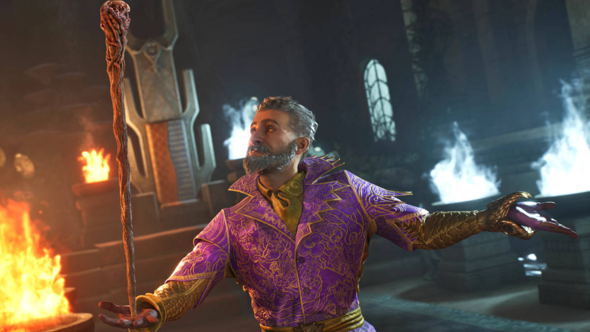 Oblivion Remastered console commands and cheats: Sheogorath is balancing a staff on his hand while flames erupt from braziers.