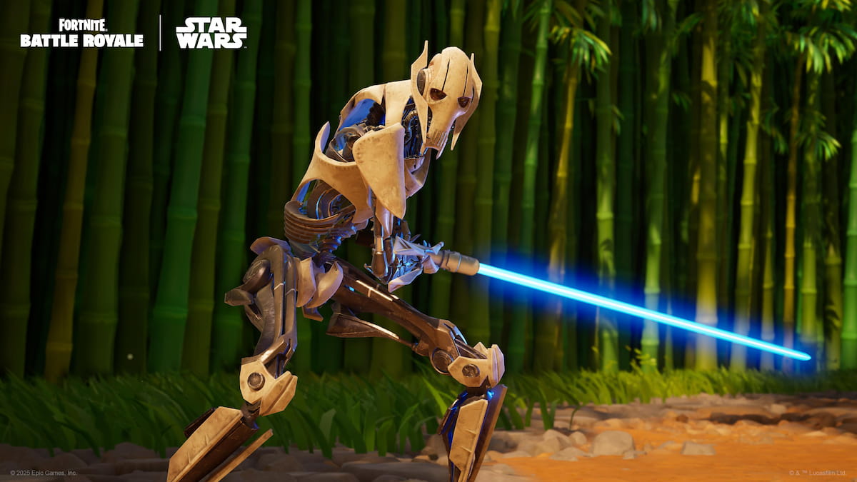 Picture showing a Fortnite character holding a lightsaber.