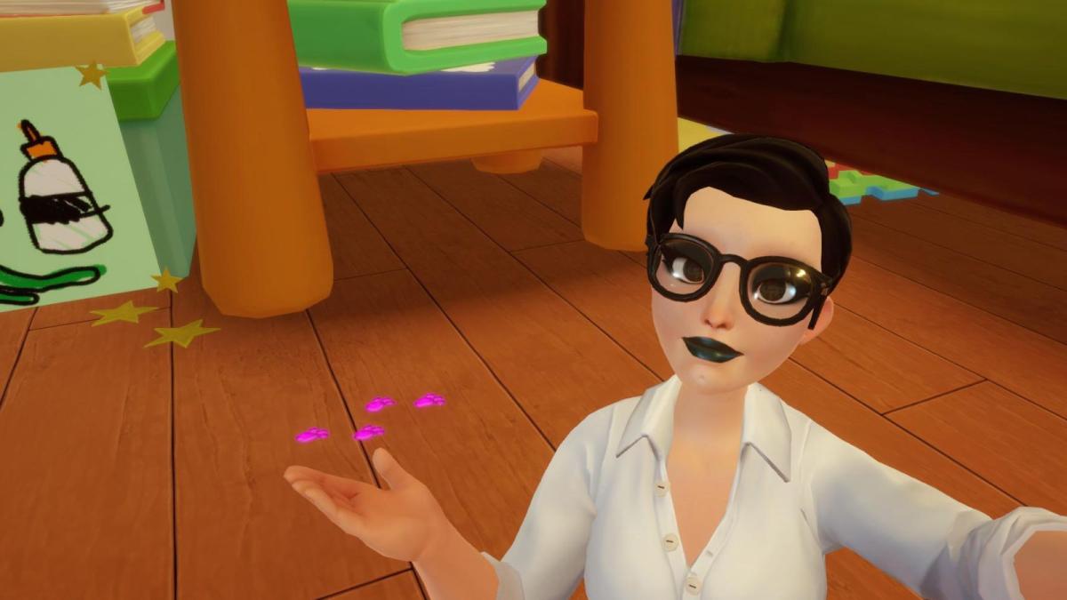 Disney Dreamlight Valley player gesturing to Clean Your Room paw prints on the ground.