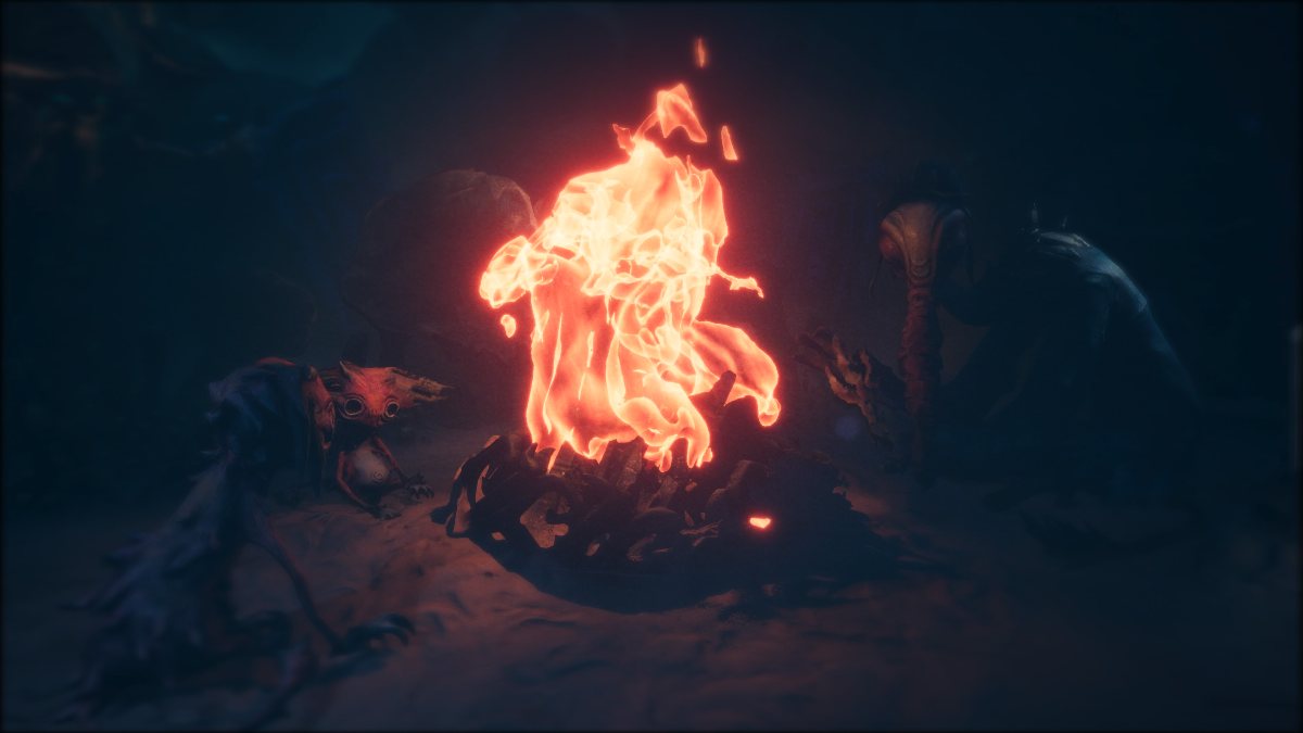 Clay creatures surrounding the campfire to warm their hands
