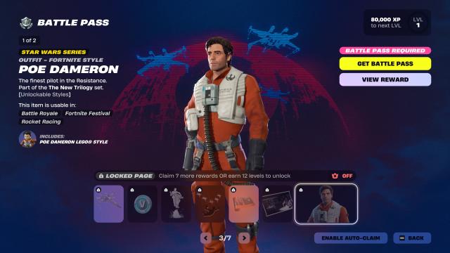 screenshot showing a skin in the Fortnite Battle Pass from the Galactic Battle season.