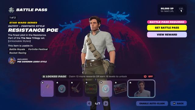 screenshot showing a skin in the Fortnite Battle Pass from the Galactic Battle season.
